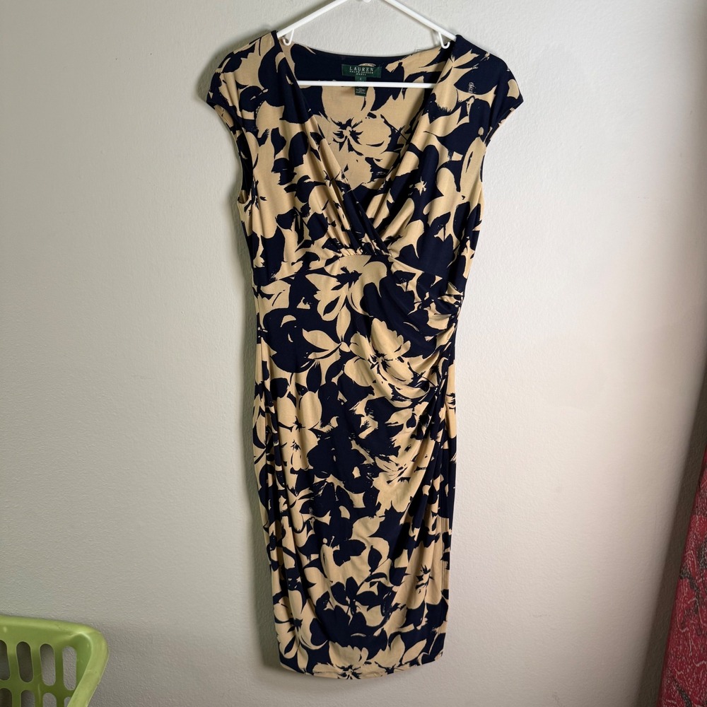 Lauren Ralph Lauren Navy Blue Tan‎ Floral Ruched Sheath Dress Womens Size 4